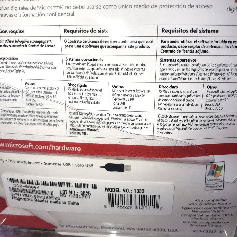 Microsoft Fingerprint Reader Easy Password Replacement PC USB Model 1033 NEW *